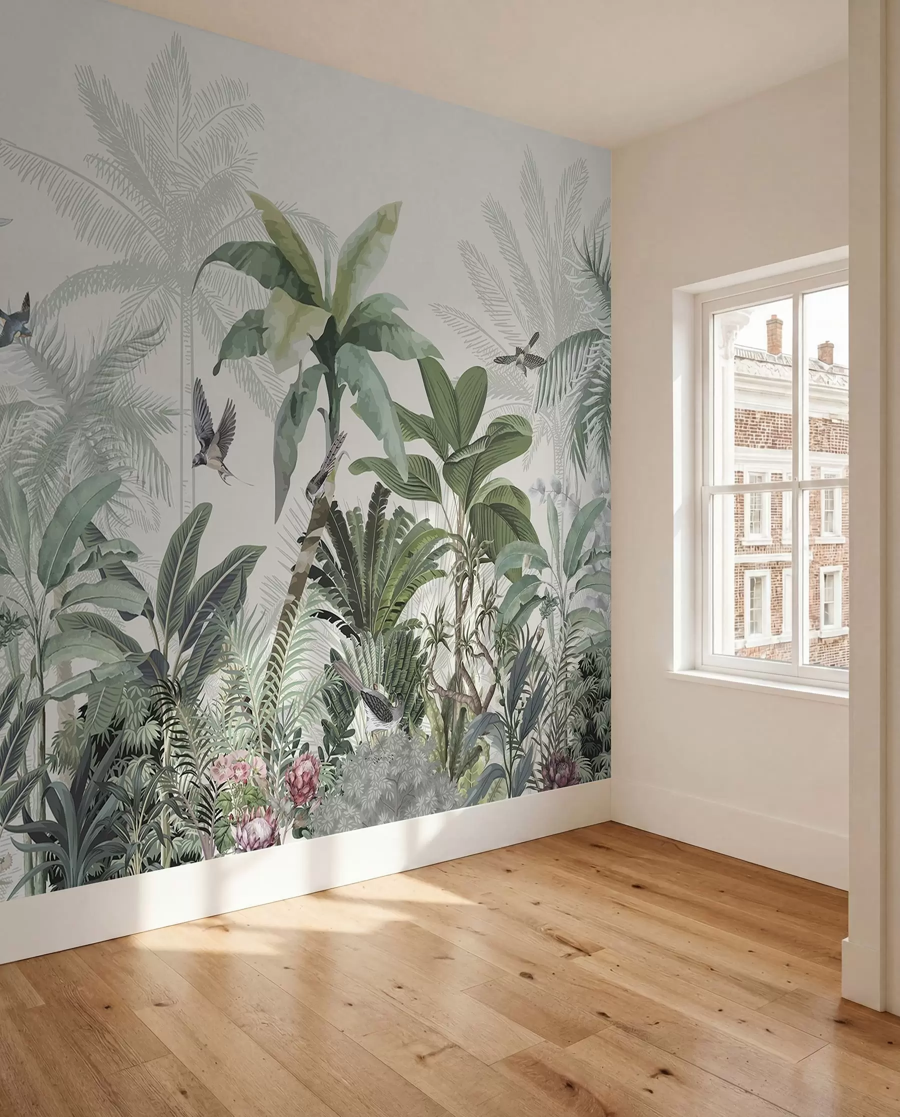 fototapeter En frodig tropisk junglescene med forskellige palmer, store blade og farverige blomster i forgrunden w08239