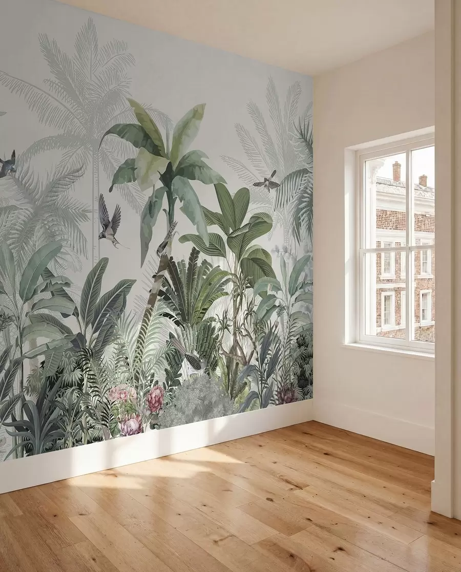 fototapeter En frodig tropisk junglescene med forskellige palmer, store blade og farverige blomster i forgrunden w08239