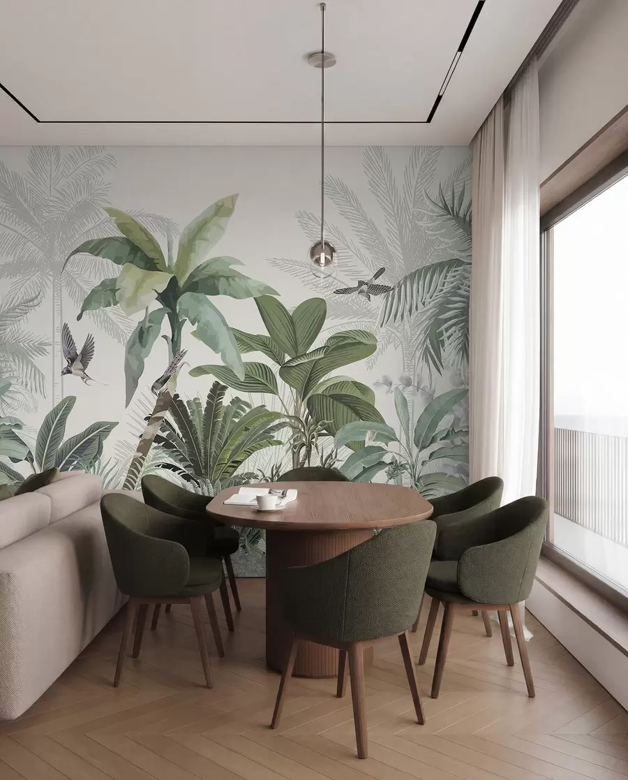 fototapeter En frodig tropisk junglescene med forskellige palmer, store blade og farverige blomster i forgrunden w08239