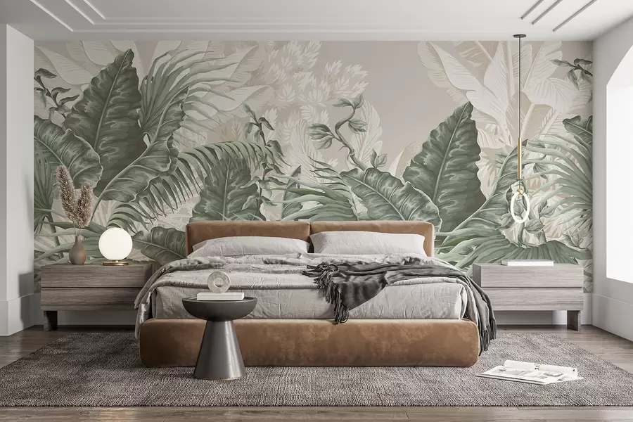 Fototapete Eine tropische Dschungelszene mit großen grünen Blättern und Blumen im Vordergrund, die eine üppige Atmosphäre schaffen w08242v1