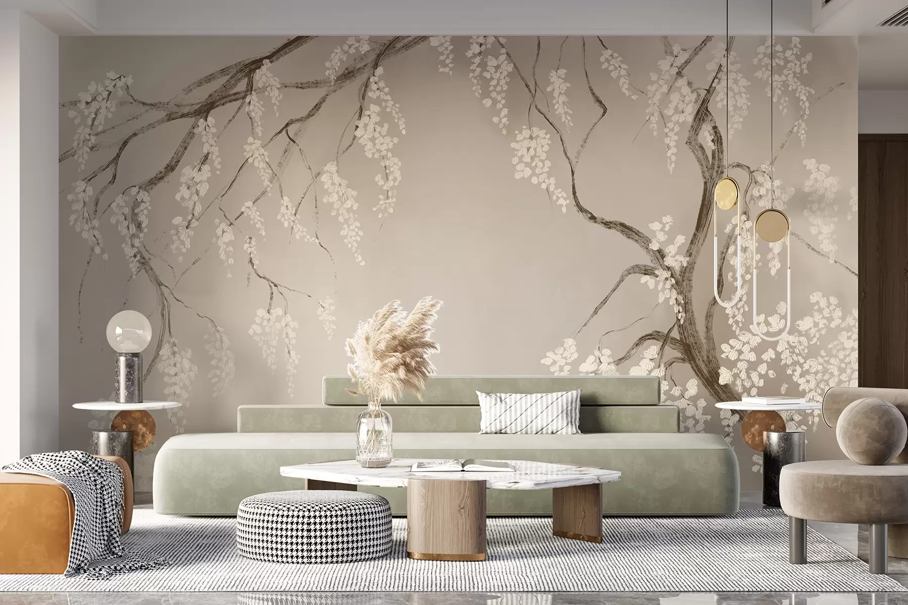 fototapeter Delikat hvidt kirsebærtræ med blomstrende blomster på grene mod beige baggrund w08243