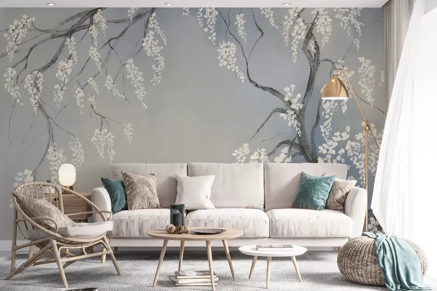 Murale Cerisier blanc délicat avec des fleurs en fleurs sur des branches sur fond bleu w08243v1