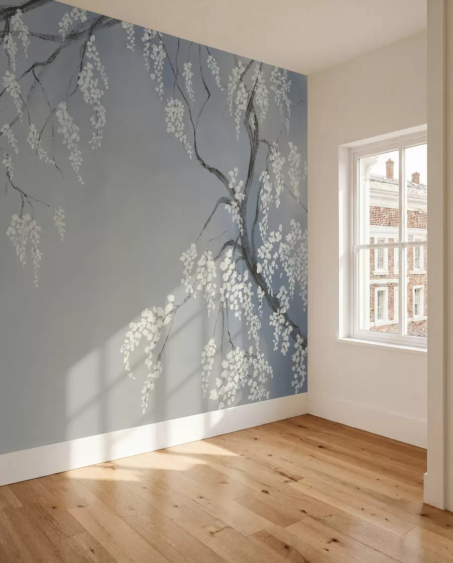 Murale Cerisier blanc délicat avec des fleurs en fleurs sur des branches sur fond bleu w08243v1