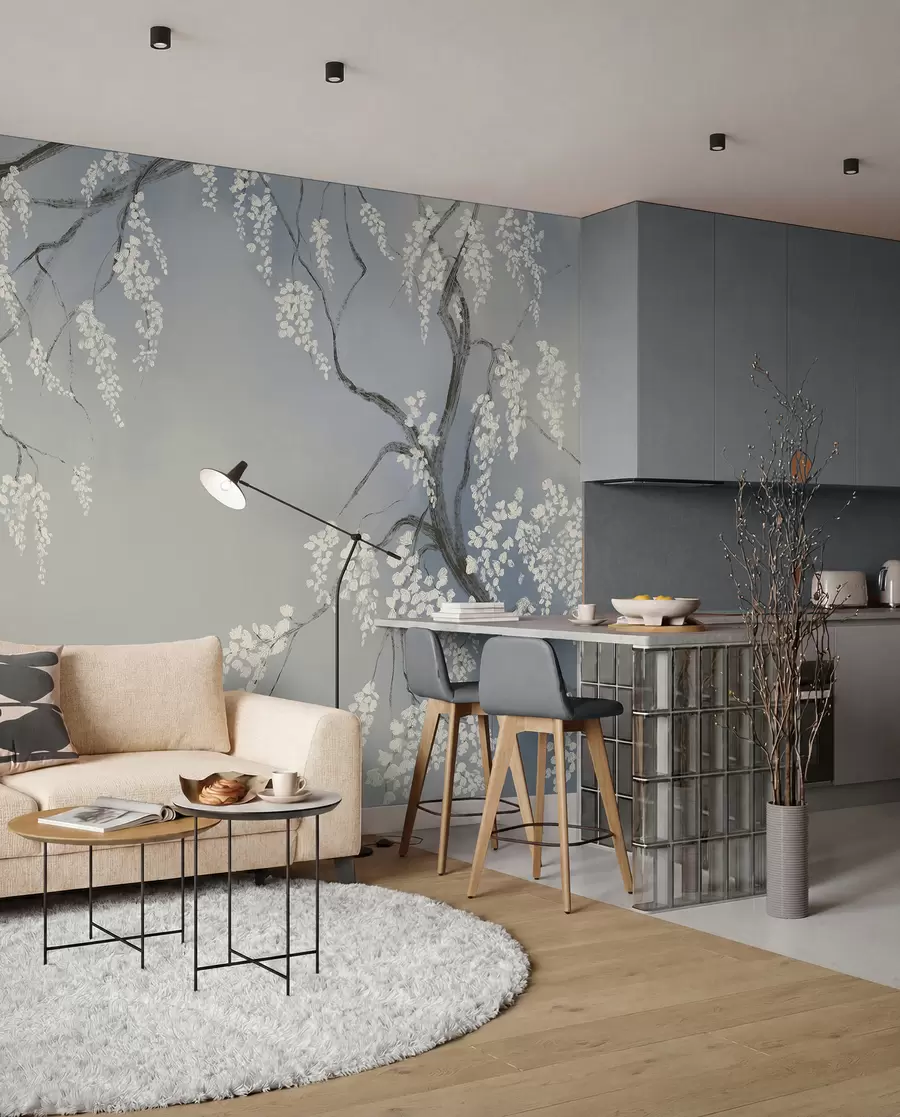 Murale Cerisier blanc délicat avec des fleurs en fleurs sur des branches sur fond bleu w08243v1