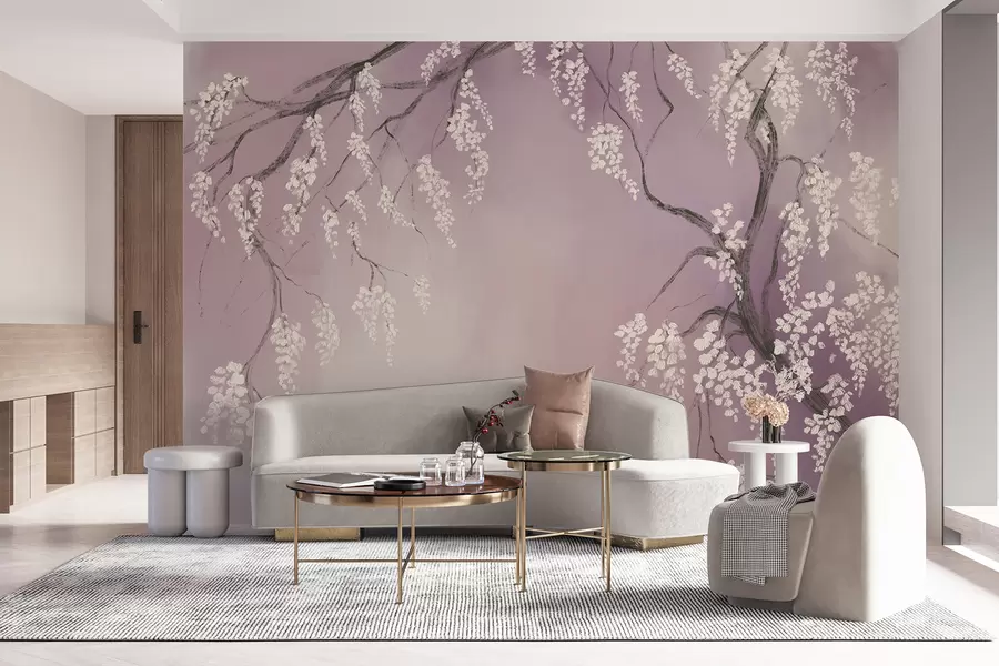 fototapeter Delikat hvidt kirsebærtræ med blomstrende blomster, der blomstrer på grene mod lyserød baggrund w08243v2
