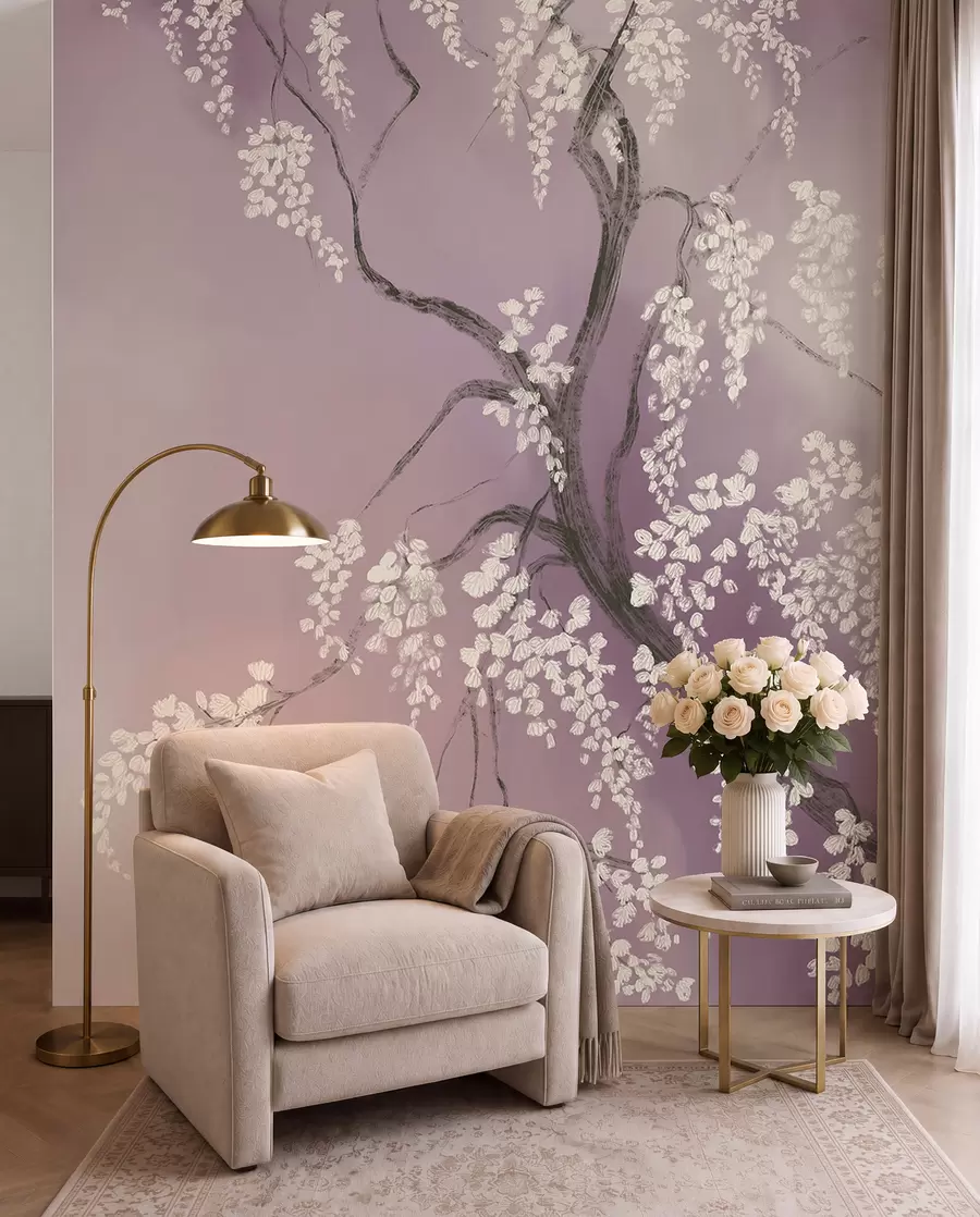 Murale Cerisier blanc délicat avec des fleurs en fleurs sur des branches sur fond rose w08243v2