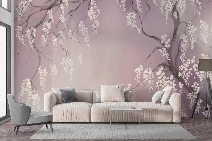 Murale Cerisier blanc délicat avec des fleurs en fleurs sur des branches sur fond rose w08243v2
