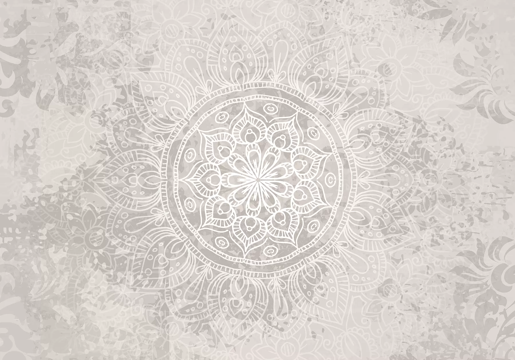 Murale Un motif de mandala blanc détaillé sur un fond vintage texturé gris clair w08246