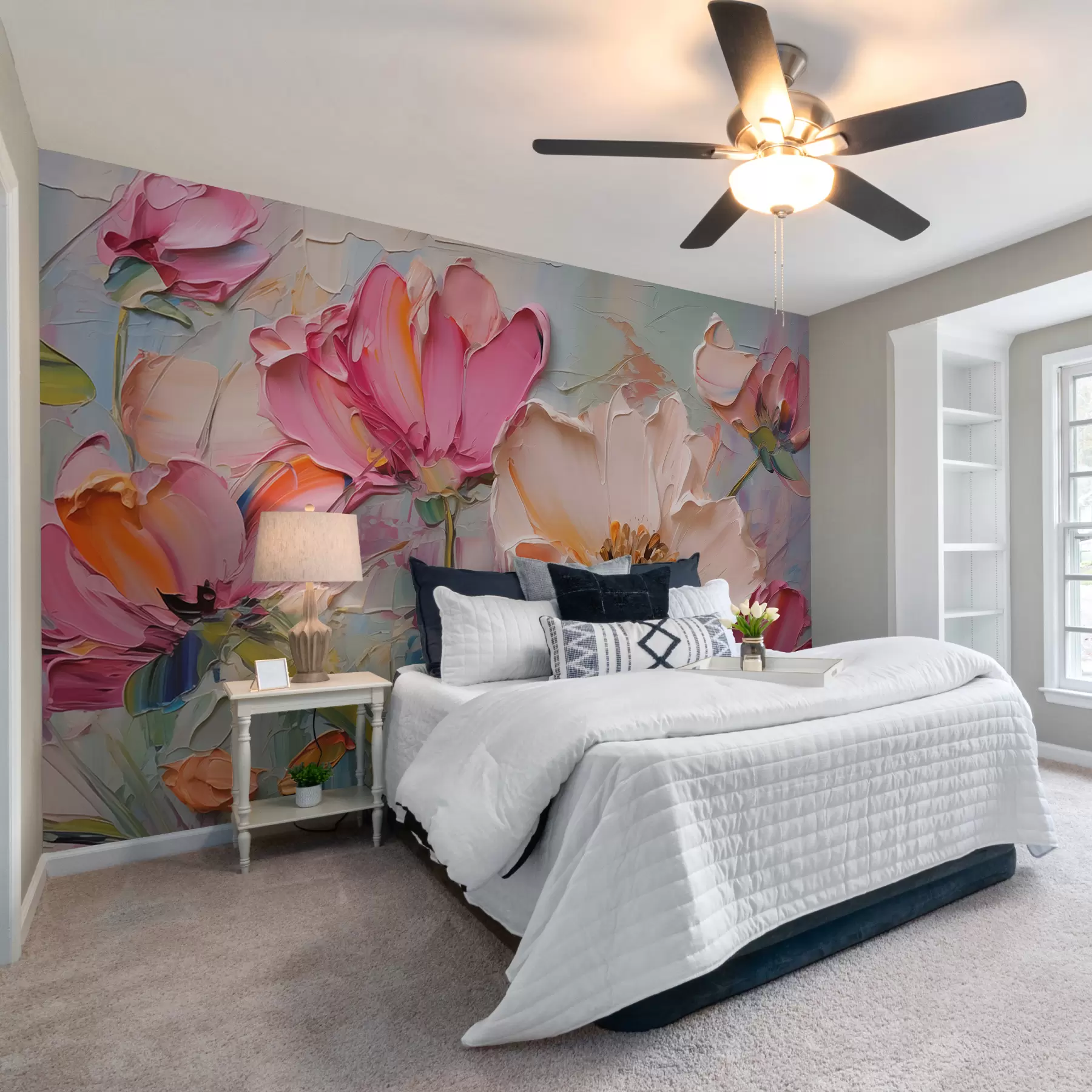 Fototapete Leuchtend rosa Blüten auf hellblau-grauem Hintergrund w01039