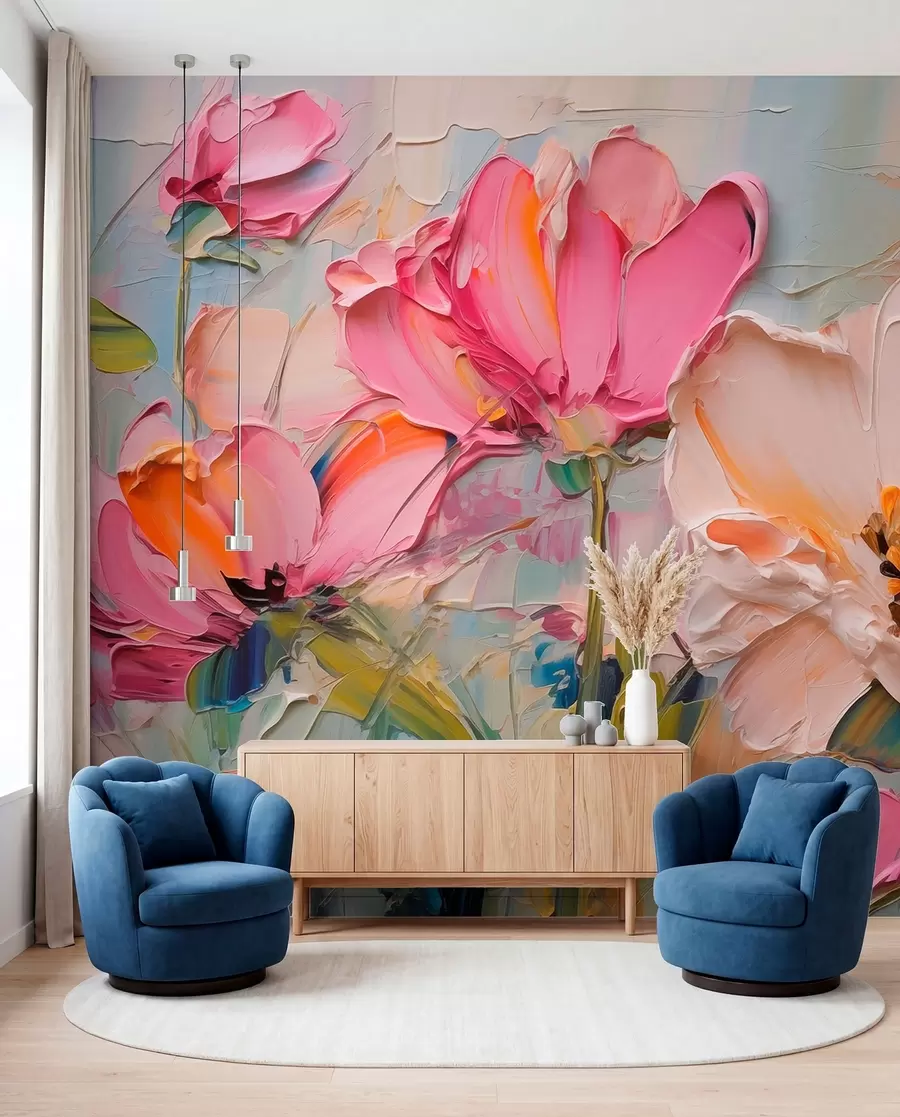 Murale Fleurs rose vif sur fond gris bleu clair w01039