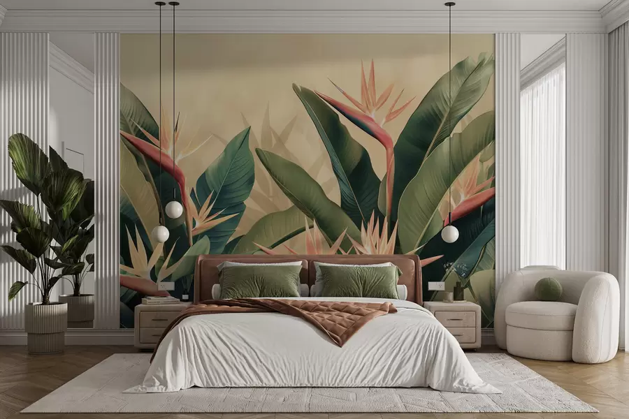 Fototapete Üppiges Arrangement aus tropischen Blumen, umgeben von großen dunkelgrünen Blättern w01484v1