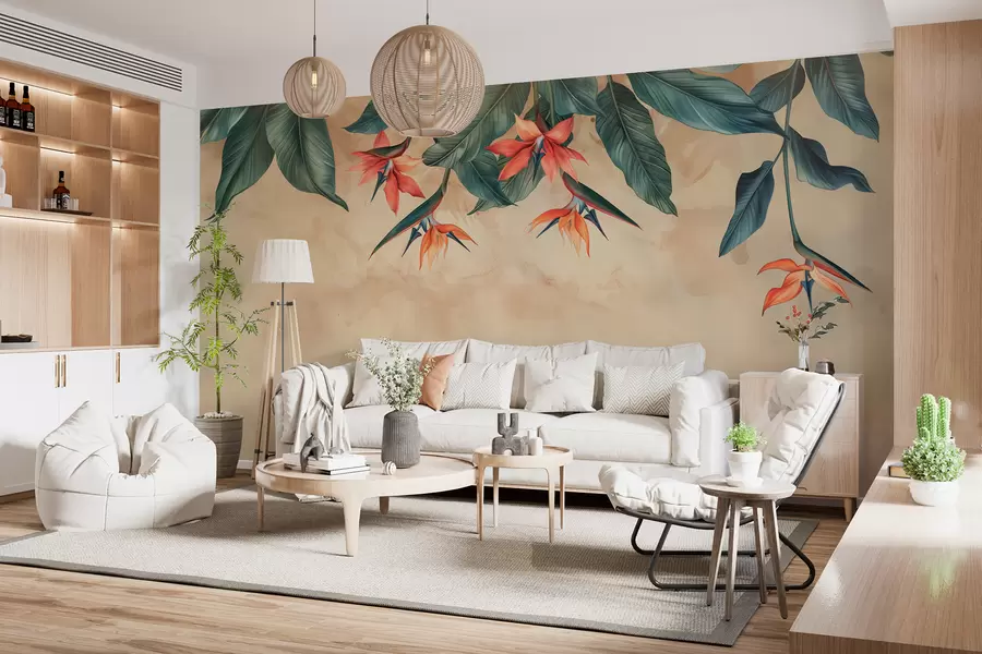 fototapeter Tropisk blomst på beige akvarel baggrund w01485