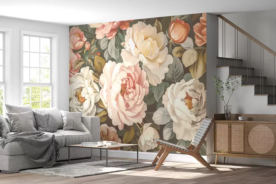 Fototapete Ein Strauß großer üppiger Pfingstrosen und blühender Rosen in Pastellfarben w01495v1