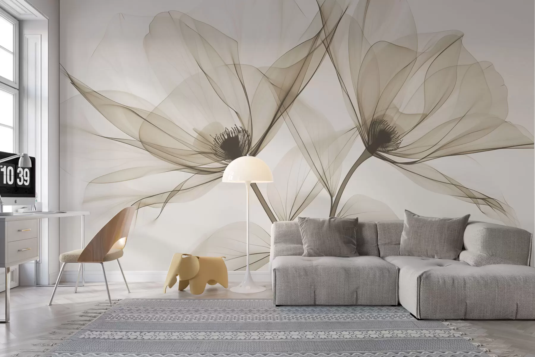 fototapeter Brun gennemsigtig blomst i røntgenstil på lys baggrund Minimalistisk monokrom botanisk design w01483v1