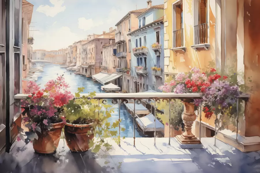 fototapeter Blomster i potter på en balkon i Venedig akvarel w01052