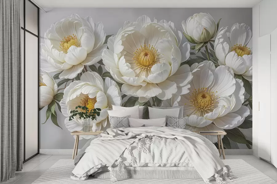 Fototapete Weiße voluminöse Malerei von Pfingstrosen mit gelben Zentren, umgeben von grünen Blättern vor einem hellen Hintergrund w08249