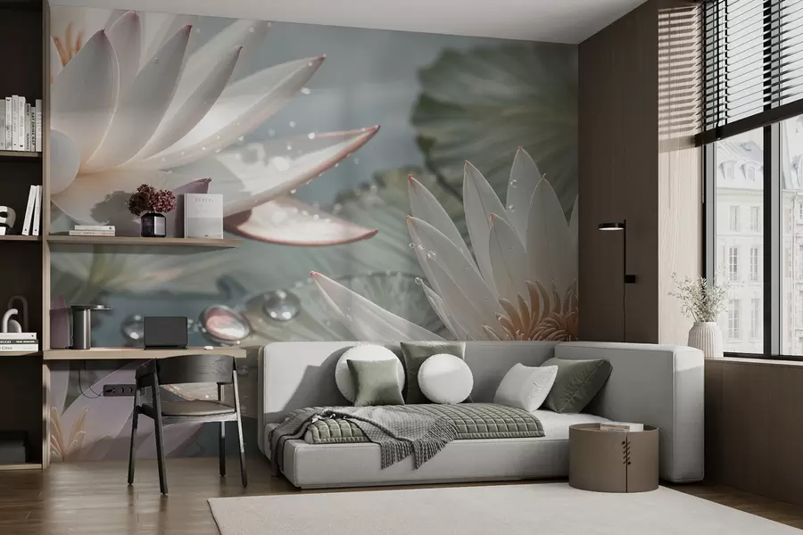 Fototapete Eine Nahaufnahme von weißen Lotusblumen mit Wassertropfen auf ihren Blütenblättern vor einem unscharfen grünen Hintergrund w08252