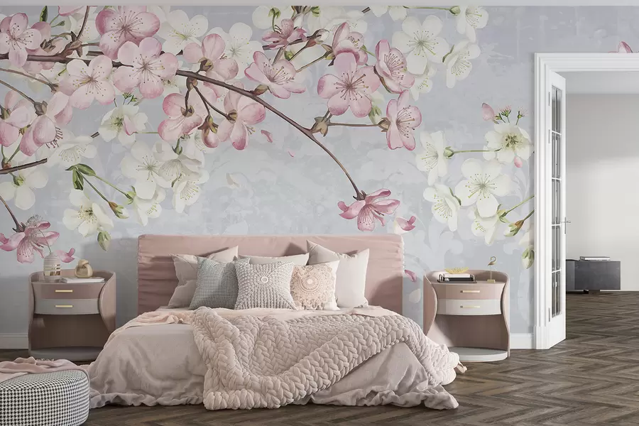 Fototapete Rosa und weiße Kirschblüten in voller Blüte, mit weichen Blütenblättern, die auf einen strukturierten blauen Hintergrund fallen w08254