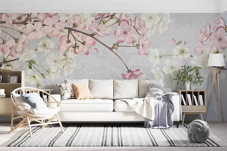 fototapeter Lyserøde og hvide kirsebærblomster i fuldt flor med bløde kronblade, der falder mod en struktureret blå baggrund w08254