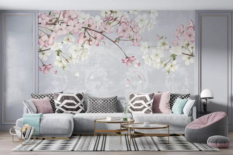 fototapeter Lyserøde og hvide kirsebærblomster i fuldt flor med bløde kronblade, der falder mod en struktureret blå baggrund w08254