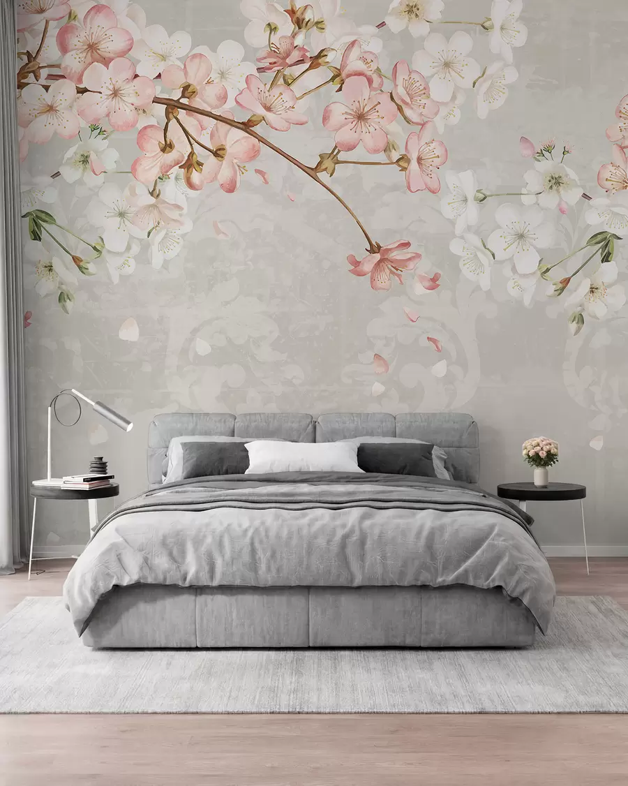 fototapeter Lyserøde og hvide kirsebærblomster i fuldt flor, med bløde kronblade, der falder mod en struktureret beige baggrund w08254v1
