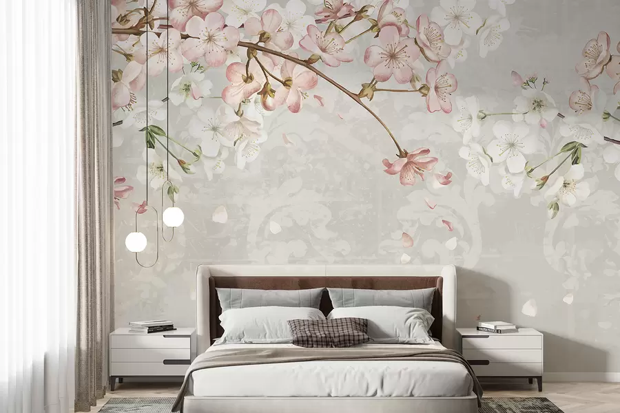 Murale Fleurs de cerisier roses et blanches en pleine floraison, avec des pétales doux tombant sur un fond beige texturé w08254v1