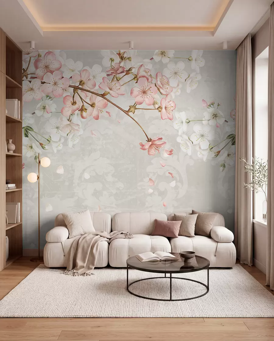 fototapeter Lyserøde og hvide kirsebærblomster i fuldt flor, med bløde kronblade, der falder mod en struktureret beige baggrund w08254v1