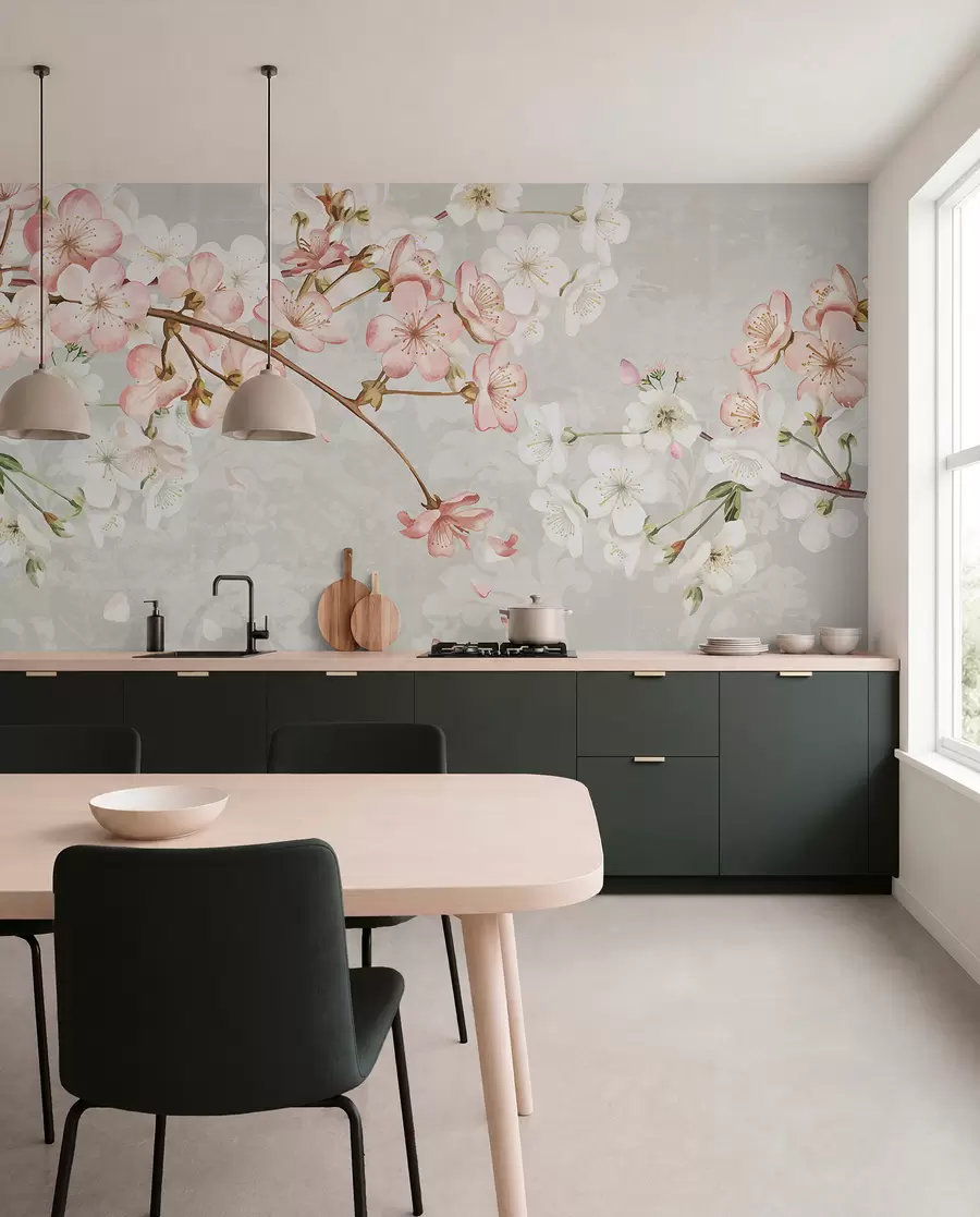 fototapeter Lyserøde og hvide kirsebærblomster i fuldt flor, med bløde kronblade, der falder mod en struktureret beige baggrund w08254v1