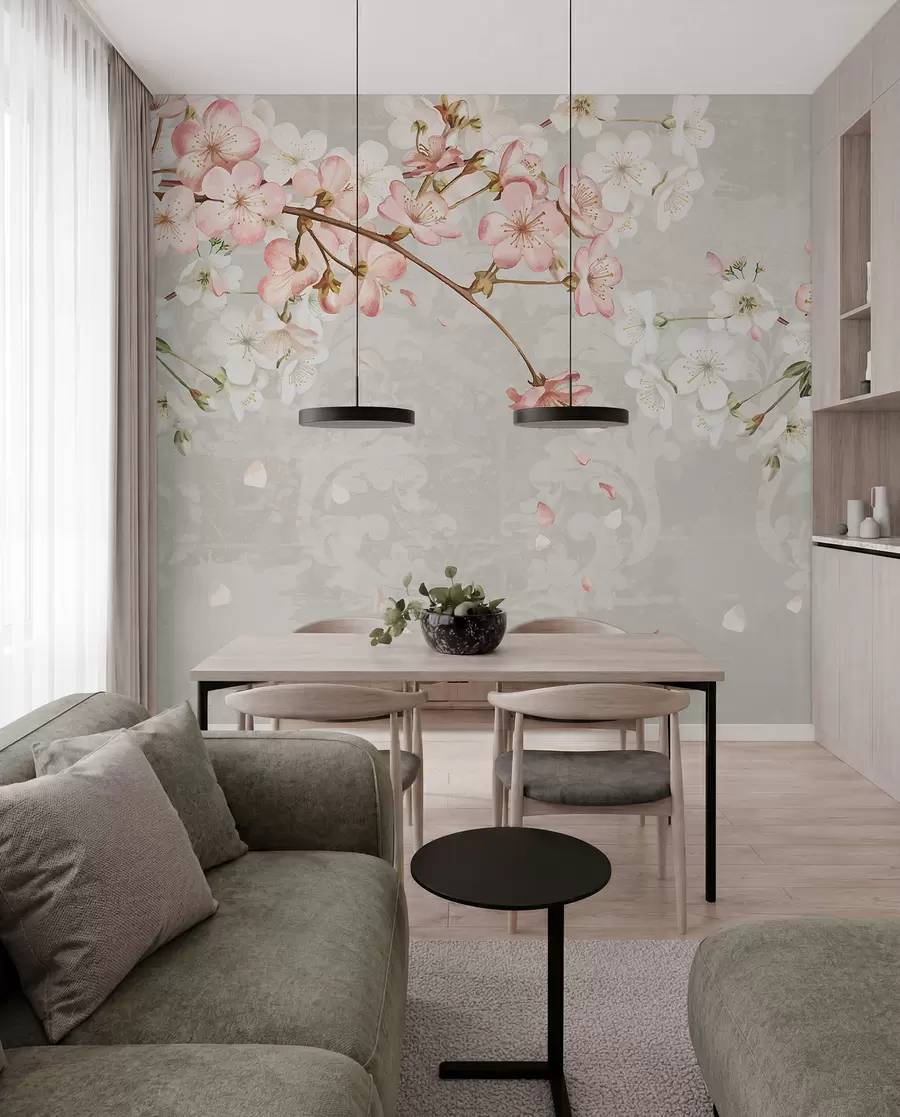 fototapeter Lyserøde og hvide kirsebærblomster i fuldt flor, med bløde kronblade, der falder mod en struktureret beige baggrund w08254v1