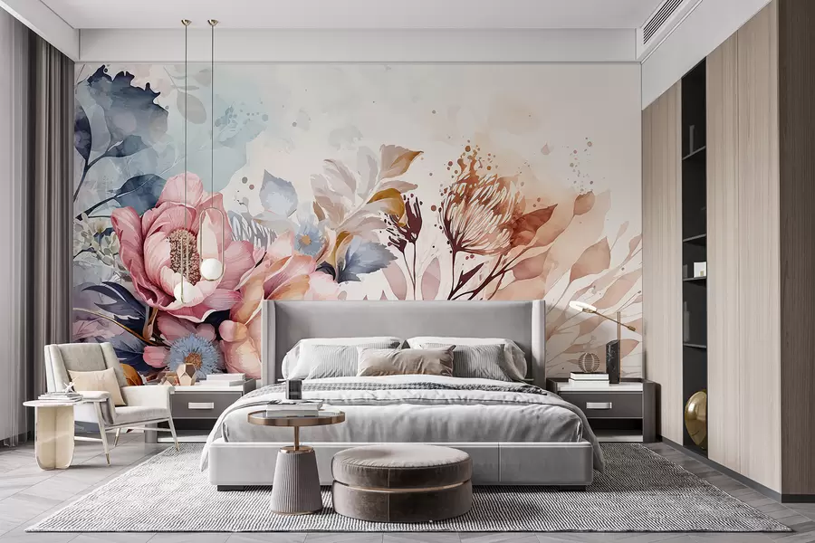 Fototapete Große rosa und blaue Blumen mit zarten Blütenblättern, umgeben von kleineren Blumen vor einem Aquarellhintergrund w08256