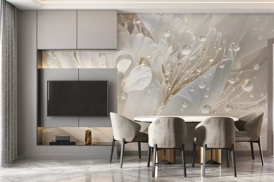 Fototapete Eine Nahaufnahme einer weißen Pfingstrose mit zarten Blütenblättern und Wassertropfen w08262