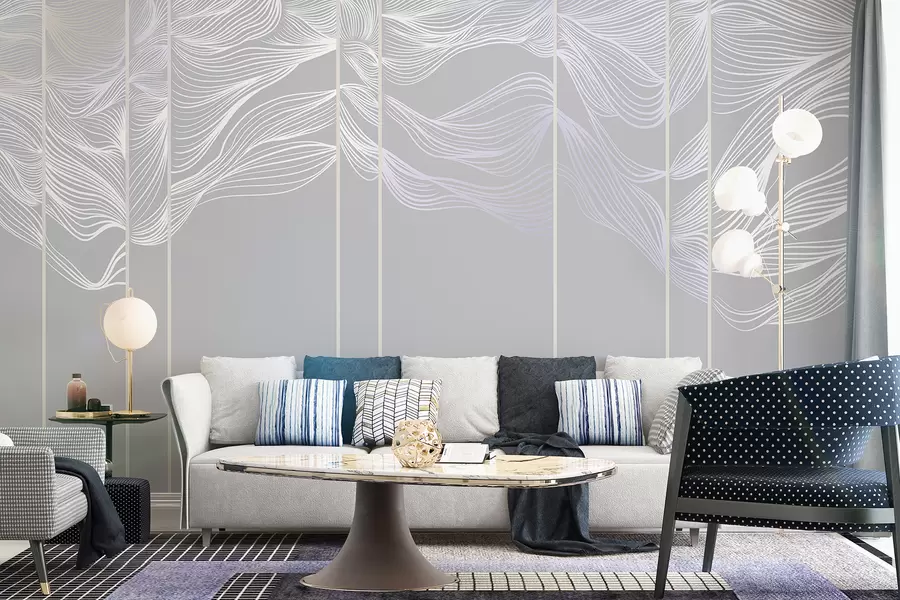 Fototapete Fließende weiße abstrakte Linie Wellen vor einem hellgrauen Hintergrund w08263v1