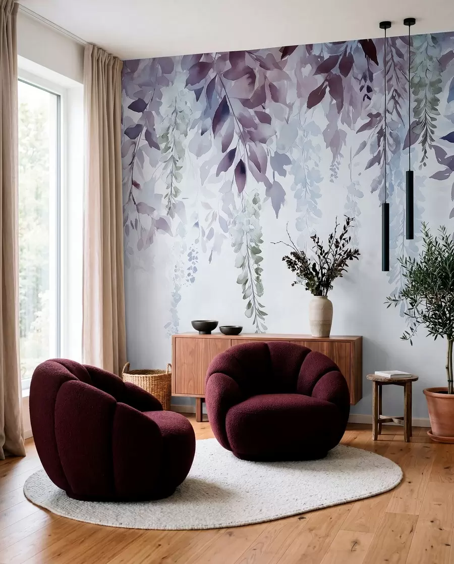 fototapeter Blåregn-blomsterpynt, blomster, akvarel, blå og lilla farver w01545v1