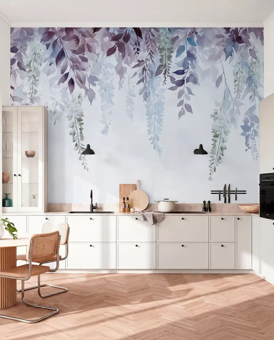 fototapeter Blåregn-blomsterpynt, blomster, akvarel, blå og lilla farver w01545v1