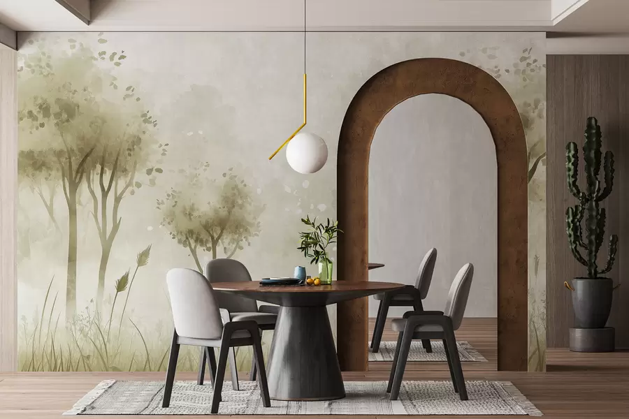 Fototapete Aquarell Wald mit Gras und Bäumen, grüne Farbe w01546v1