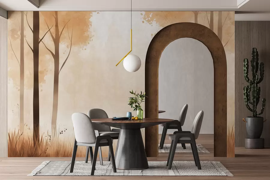 Fototapete Aquarell Wald, Nebel, Bäume, Gras, natürliche Landschaft, beige Farbe w01563