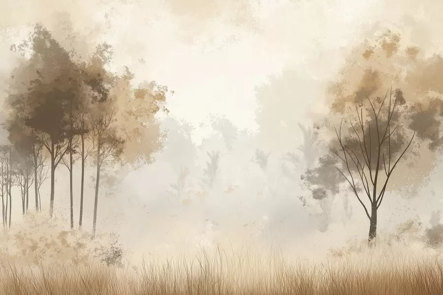 Murale Paysages de nature, arbres dans la forêt, texture grunge, couleurs beiges w01564