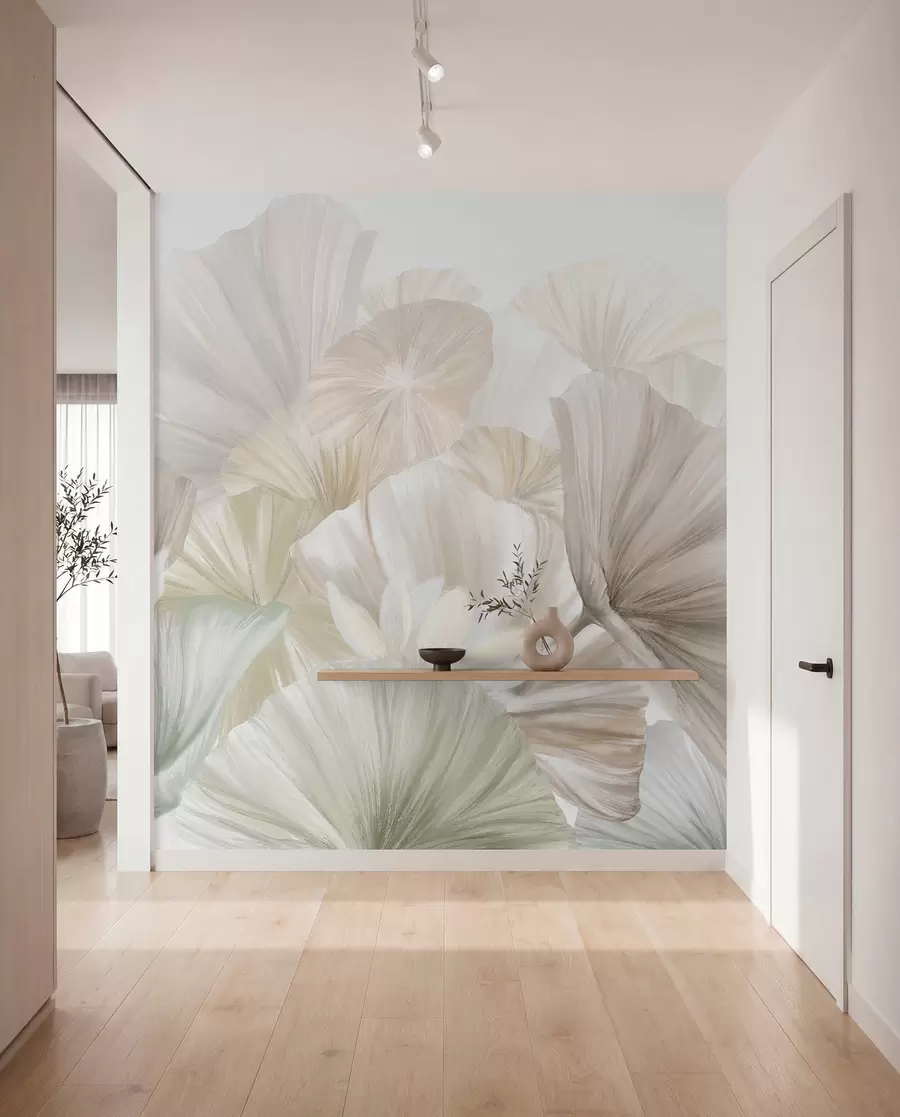 fototapeter Delikate grønne lotusblade med hvide blomster med bløde, fjerlette kronblade arrangeret i en naturlig kunstkomposition w08265