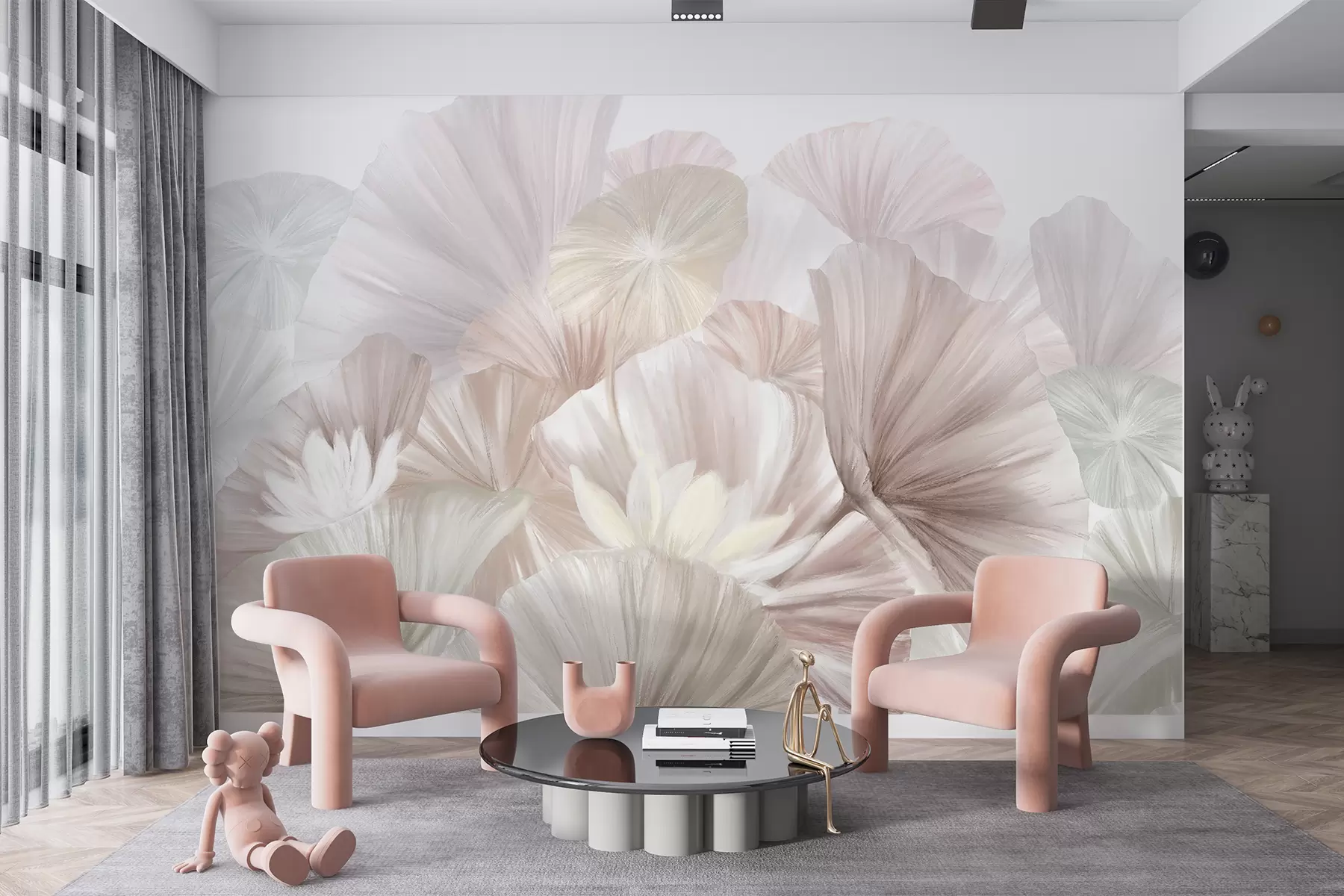 Murale Délicates feuilles de lotus roses et fleurs blanches aux pétales souples et plumeux disposées dans une composition artistique naturelle w08265v1