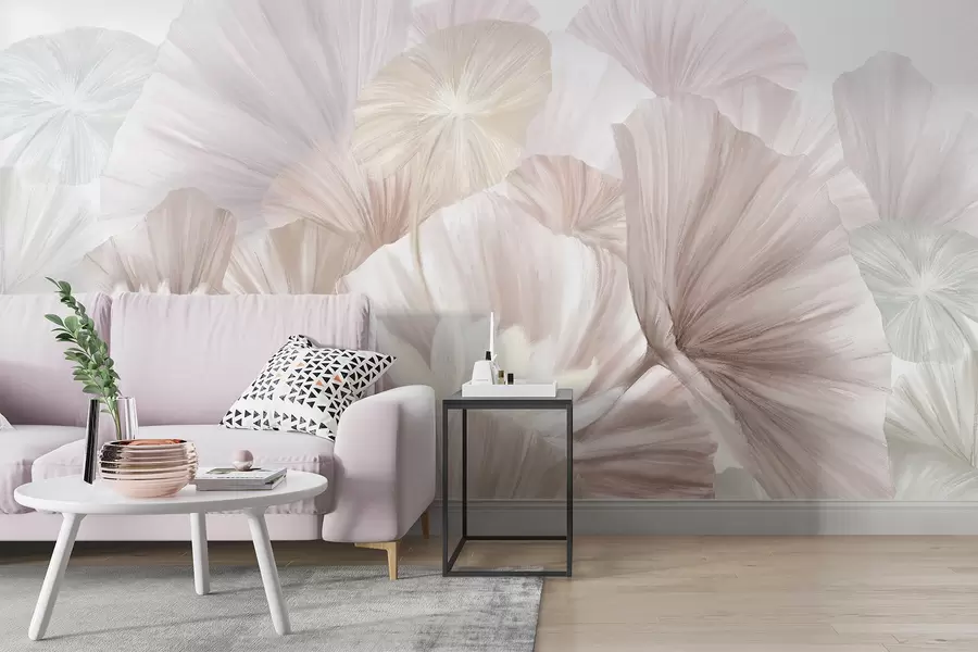 Murale Délicates feuilles de lotus roses et fleurs blanches aux pétales souples et plumeux disposées dans une composition artistique naturelle w08265v1