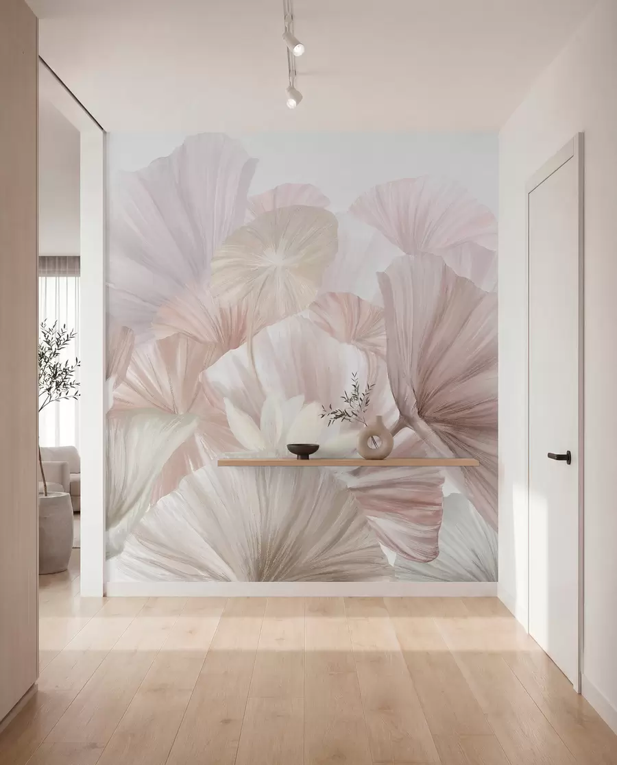Murale Délicates feuilles de lotus roses et fleurs blanches aux pétales souples et plumeux disposées dans une composition artistique naturelle w08265v1