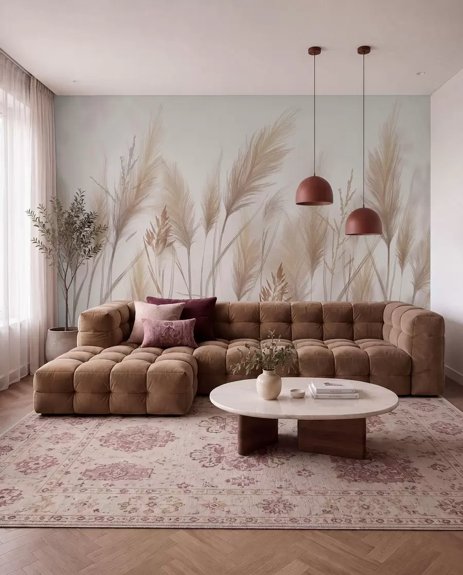 Murale De grands brins d'herbe beige en épis se balançant dans le vent sur un fond doux et clair w08268