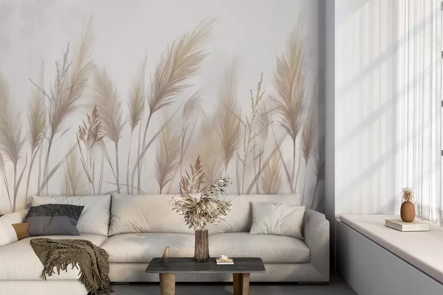 Murale De grands brins d'herbe beige en épis se balançant dans le vent sur un fond doux et clair w08268