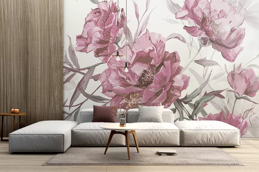 Fototapete Rosa Pfingstrosen Gemälde mit üppigem Blattwerk vor einem hellen abstrakten Hintergrund w08274