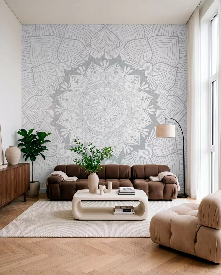 fototapeter Rund mandala, tapet til yogarummet eller til at harmonisere det personlige rum. Vægmandala i grå nuancer på en struktureret heterogen baggrund w01088v2