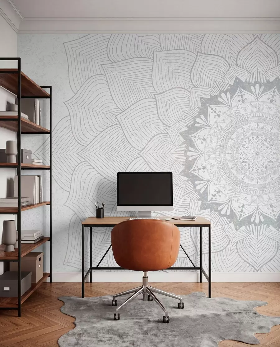 fototapeter Rund mandala, tapet til yogarummet eller til at harmonisere det personlige rum. Vægmandala i grå nuancer på en struktureret heterogen baggrund w01088v2