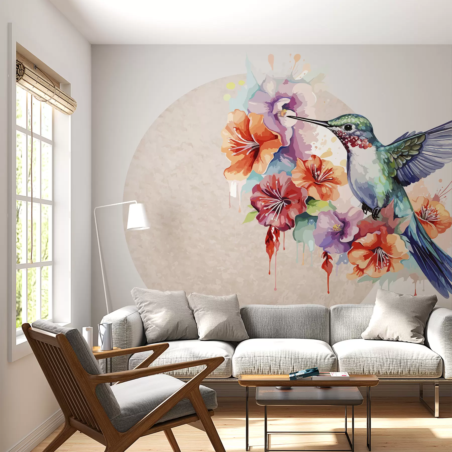 fototapeter Kolibri,blomster,cirkel,beige w01528