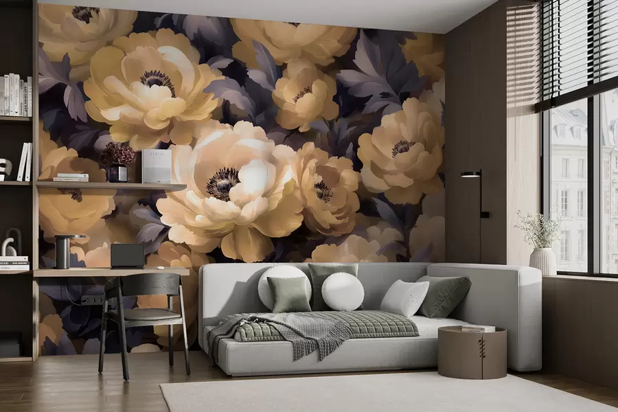 Murale Peinture à l'huile de style floral basée sur les couleurs beige et violet w01581