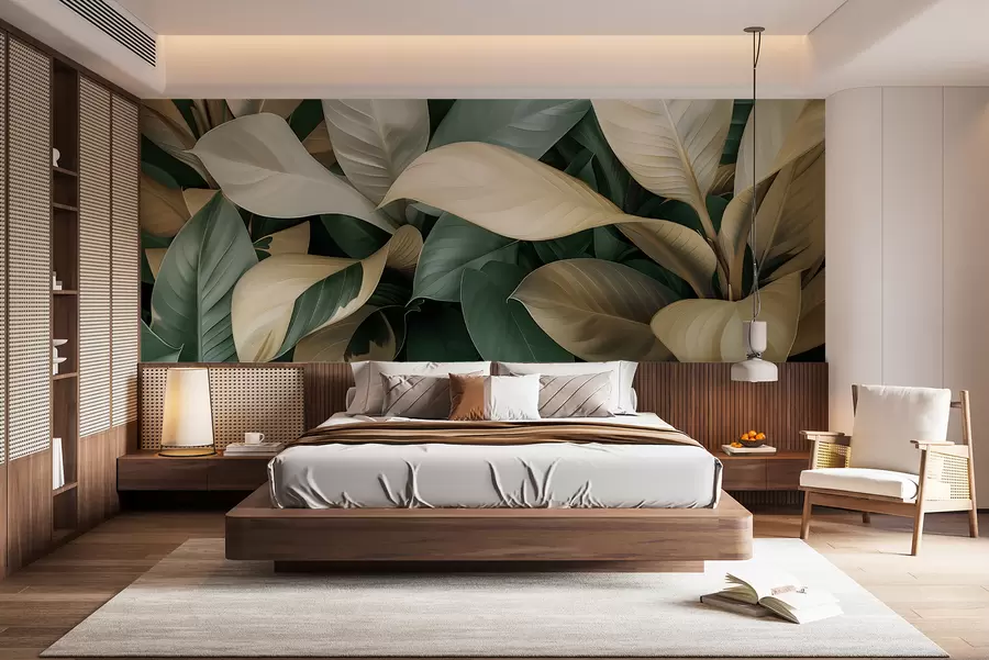 Fototapete Große tropische Blätter in Grün- und Beigetönen w01587v1