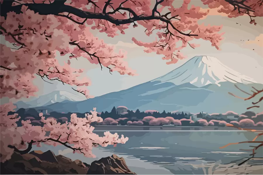 Murale Sakura, montagnes, aquarelle w01664
